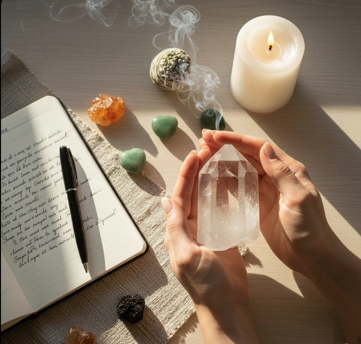 Hands holding a clear quartz crystal amidst a journal and other manifestation tools, illustrating a personal crystal programming ritual for setting intentions and attracting goals
