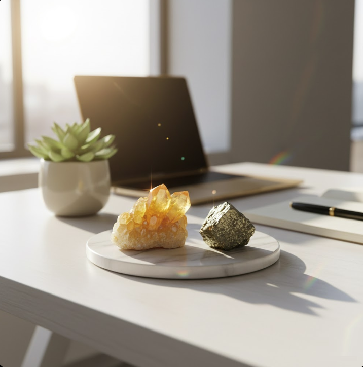 A Citrine cluster and Pyrite crystal on a minimalist white desk in a sunlit office, representing the use of crystals for manifestation and career abundance.