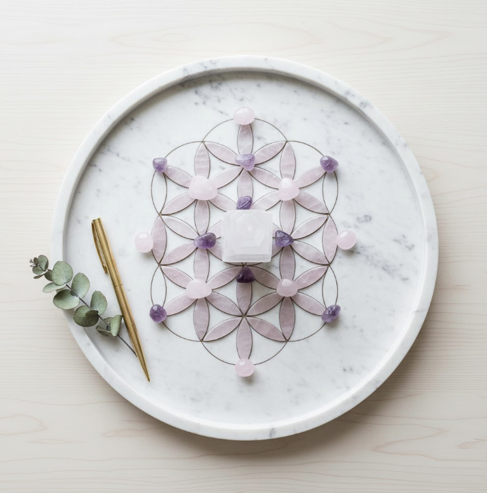 A professional crystal grid with a Selenite tower and Amethyst stones arranged on a marble tray, demonstrating holistic interior design and energetic home harmony.
