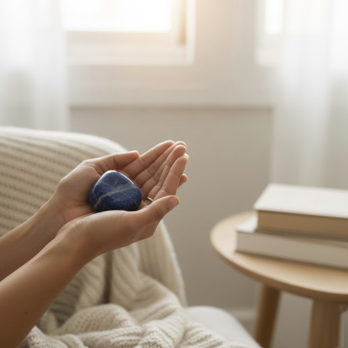 Hands gently holding a smooth blue Sodalite crystal over the heart, representing mindfulness, emotional balance, and crystal-assisted self-care rituals.