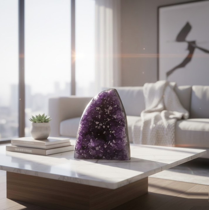 A large, natural Amethyst geode elegantly displayed on a modern coffee table in a sunlit living room, showcasing crystals as functional art in high-vibe home decor.