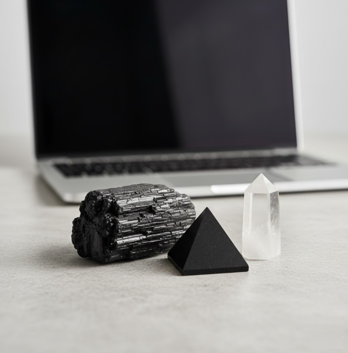 A group of protective crystals including raw Black Tourmaline, a Shungite pyramid, and a clear Quartz point, arranged on a modern desk