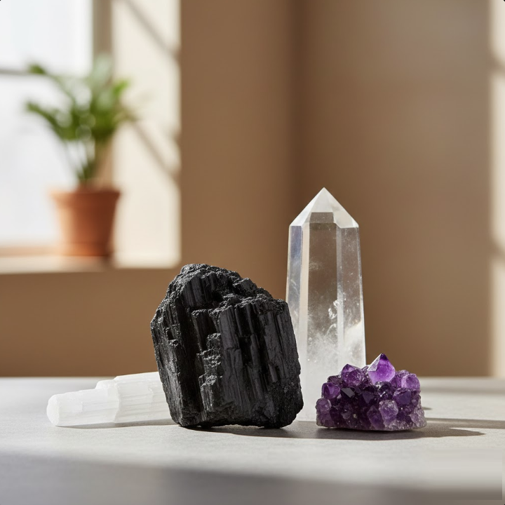 A large raw Black Tourmaline chunk, a clear quartz point, and an amethyst cluster arranged on a light stone surface, representing powerful protection and high-vibration crystals for energetic shielding.