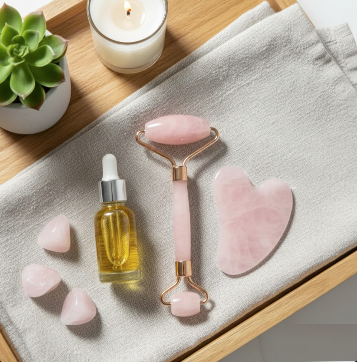 A Rose Quartz facial roller and gua sha tool, with face oil, raw crystals, and a succulent on a linen towel, representing crystal-infused self-care and beauty rituals.