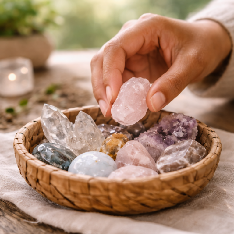 A hand gently selects a natural, ethically sourced crystal from a wooden bowl, symbolizing conscious purchasing and the importance of ethical sourcing in the crystal industry.