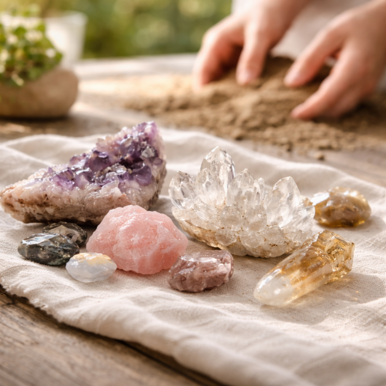 A collection of raw, ethically sourced Amethyst, Rose Quartz, and Clear Quartz crystals arranged on a natural linen cloth with soft, sunlit shadows.